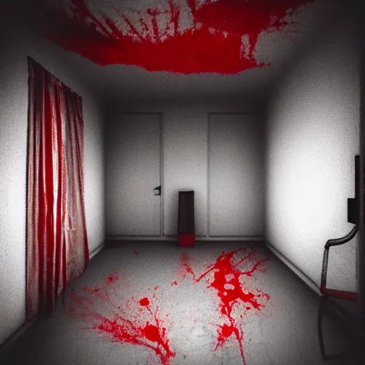 Prompt: one of the most scariest room there is one light on the ceiling and the floor is all blood the outside is night photo - realistic