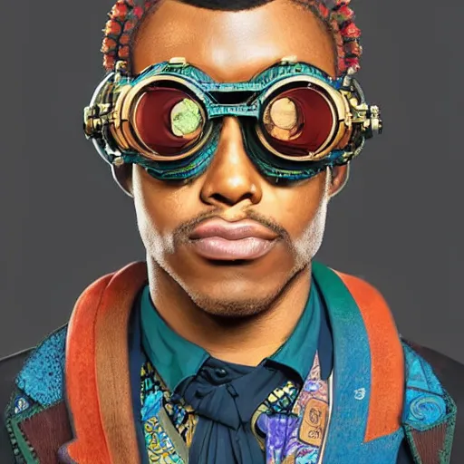 Image similar to colourful vfx upper half - portrait - art of a nigerian boywearing steam punk goggles, art by utagawa kunisada, james jean & alphonse mucha, symmetrical, intricate detail, concept art, volumetric light, ray tracing, caricature, digital illustration, octane 3 d render, unreal engine, sharp, pinterest, behance, art station,