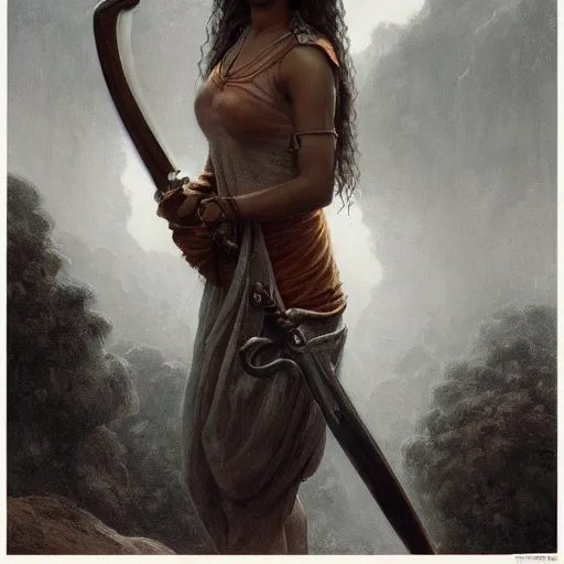 Image similar to artstation concept of a beautiful girl holding a sword in both hands, brown skin, sweaty skin, symmetrical face, casual white garment, brown canyon background, shiny colorful, hyperdetailed, artstation trending, world renowned artists, worth1000.com, historic artworks society, antique renewel, cgsociety, by greg rutkowski, by Gustave Dore, Deviantart