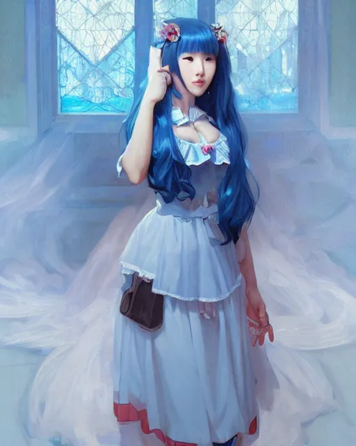 Image similar to symmetrical portrait of a pretty korean girl with blue hair dressed as a french maid digital painting, 8 k, concept art, art by wlop, artgerm, greg rutkowski and alphonse mucha