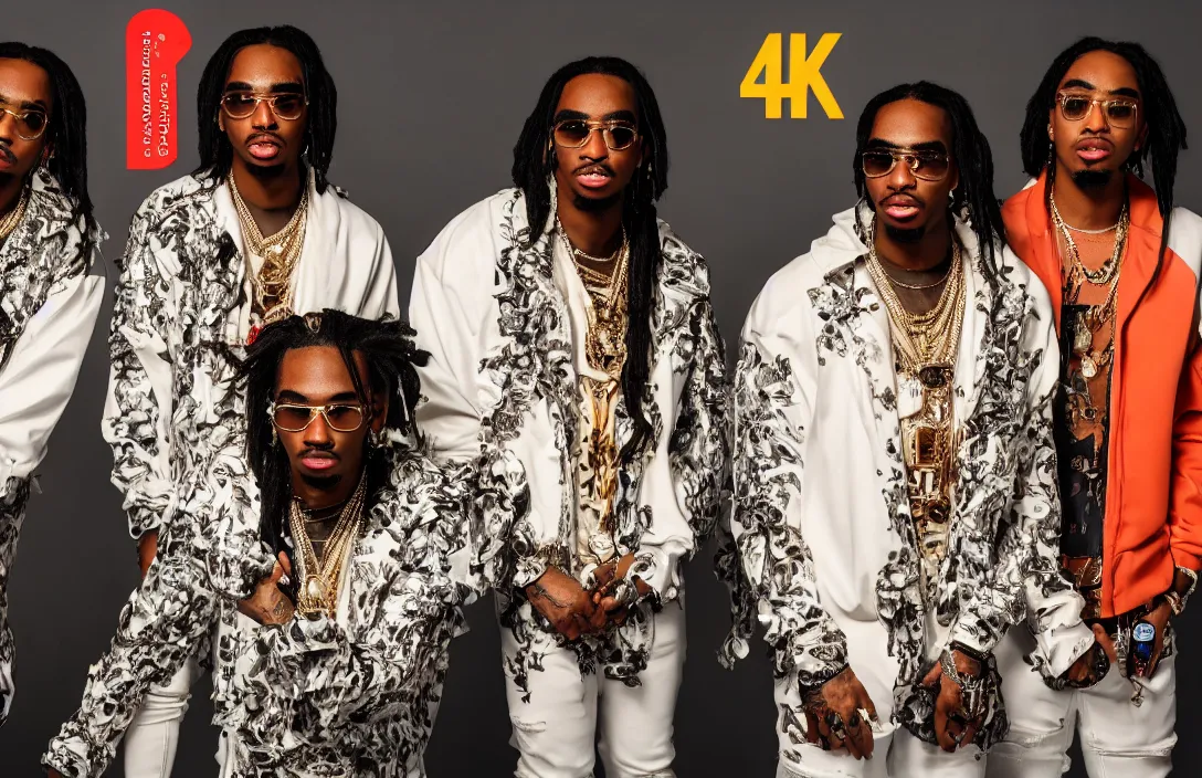 Image similar to photo of the rap group migos members quavo, offset and takeoff, product shot, macro, hyper realistic, 4 k, 8 k