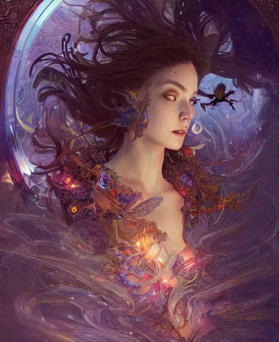 Image similar to a whirlwind of souls rushing inside the metaverse, half body, glowin eyes, insect, lizard, d & d, fantasy, intricate, elegant, highly detailed, colorful, vivid color, digital painting, artstation, concept art, art by artgerm and greg rutkowski and alphonse mucha and ruan jia