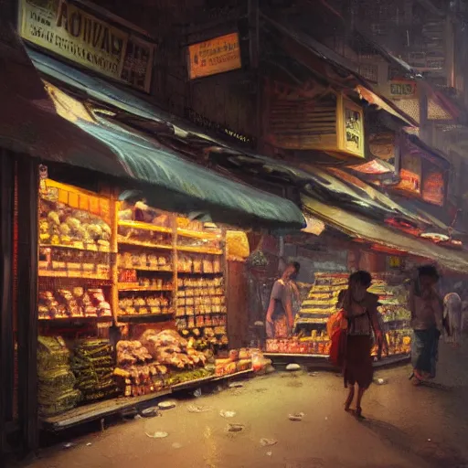 Prompt: a traditional provision shop in singapore at night, by greg rutkowski