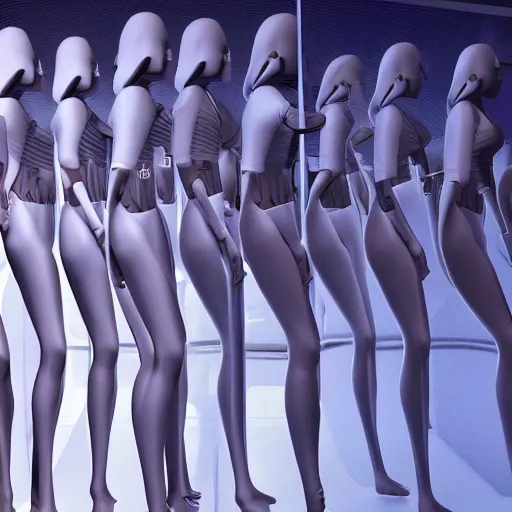 Image similar to troop of cloned women with white bob hairdos, extra limbs, tight light blue neopren suits, futuristic production facility, sci - fi, highly detailed, cinematic