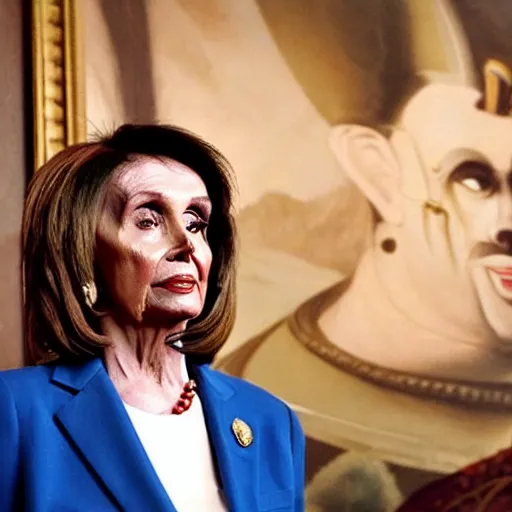 Prompt: nancy pelosi standing in front of 1 6 th century backdrop, painting of vigo the carpathian. she ominously stares. hands on hips. sepia toned. painting by lou police for ghostbusters 2.
