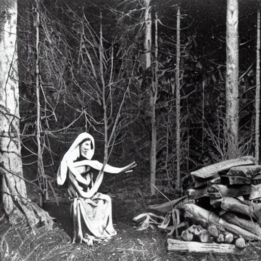 Image similar to occult sacrifice in the woods vintage photo