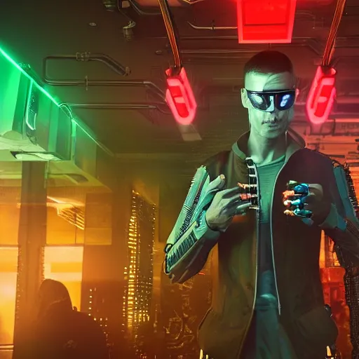 Image similar to a cyborg cyberpunk man stepping into a cyberpunk bar. His right hand is a laser pistol while his other hand has a laser katana. He is surrounded by men with laser katanas as well. The cyborg has a smirk on his face. Neon colors.