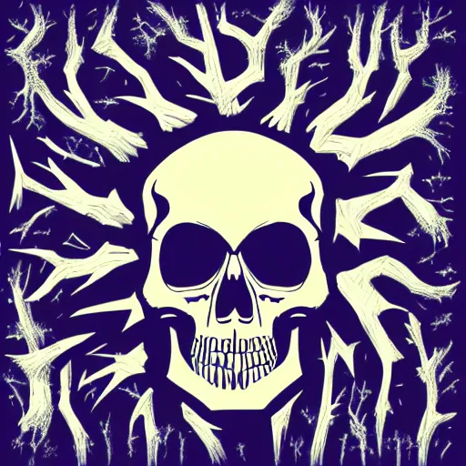 Image similar to dark death metal themed vector illustration for a record label, trees. forest, spikes, skull, microphone, skull, award winning, grunge, iconic, golden ratio