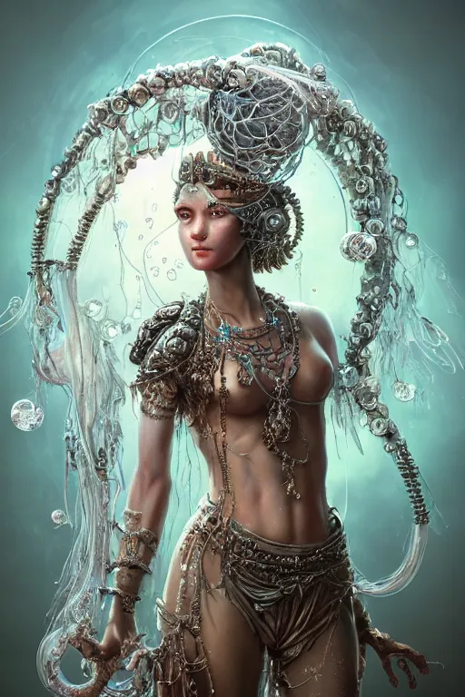 Prompt: a fisheye lens render of an alluring post apocalyptic goddess with wearing ornate silver and gemstones and crystal clothing surrounded by flowing liquid gallium jellyfish and sacred geometry, perfect body and face, gorgeous, cinematic, beautifully lit, by craig mullins, by tomasz alen kopera and peter mohrbacher, 3 d, trending on artstation, octane render, 8 k