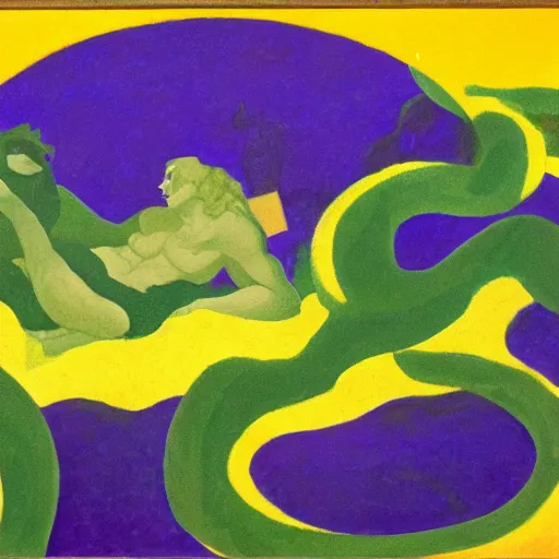 Image similar to oil on masonite painting by aaron douglas of a scene from greek mythology of medusa, green yellow and purple