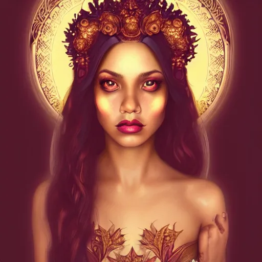 Prompt: vintage portrait of fairy goddess, zoom, rule of thirds, atmosphere, intricate, regal, latinas, ( brown skin ), symmetrical!!, loreal, maybelline, sephora, loreal, artstation, art by artgerm, moody, ( ( cinematic ) ) concept art, filmic, vsco