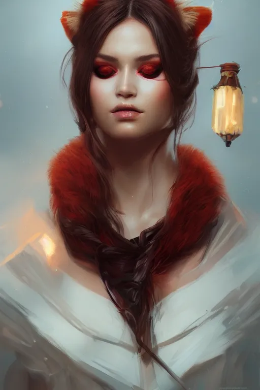 Image similar to a detailed portrait of a beautiful woman with ( red panda ) features, in professional makeup, dramatic lighting, by artgerm, ross tran, greg rutkowski, 4 k, trending on artstation