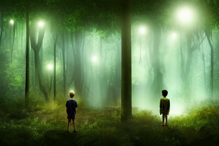 Image similar to boy in a conversation with his ethereal soul in the middle of a rain forest at night, realistic, obscure, dramatic scene, matte painting