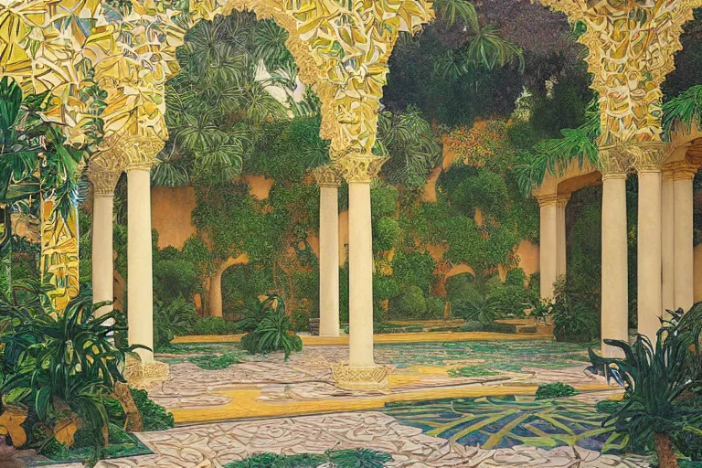 Image similar to painting of a beautiful moorish palace courtyard garden, by maxfield parrish and evelyn de morgan and waterhouse and dante rossetti, patterned tilework, palm trees, tiled fountains, sun and shade, extremely detailed, dramatic cinematic lighting, smooth sharp focus, featured on artstation