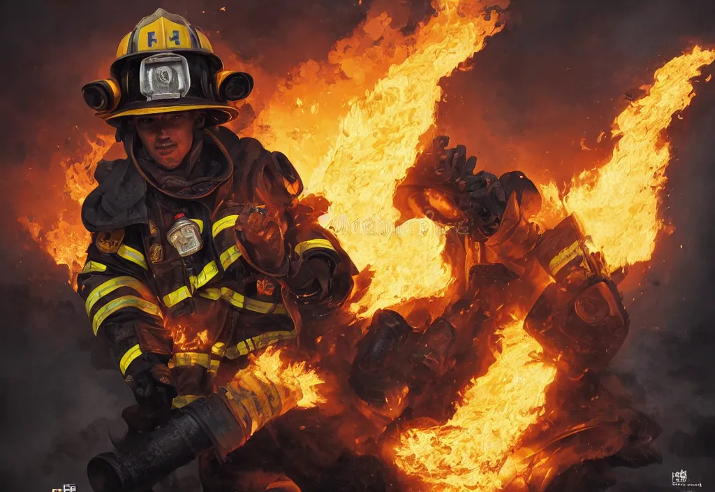 Image similar to one heroic firefighter in action in black and yellow uniform, fire flames, sharp details, sharp focus, realistic, highly detailed, illustration, by yerbol bulentayev and murat gul and pablo olivera and greg rutkowski, bloom, dramatic lighting