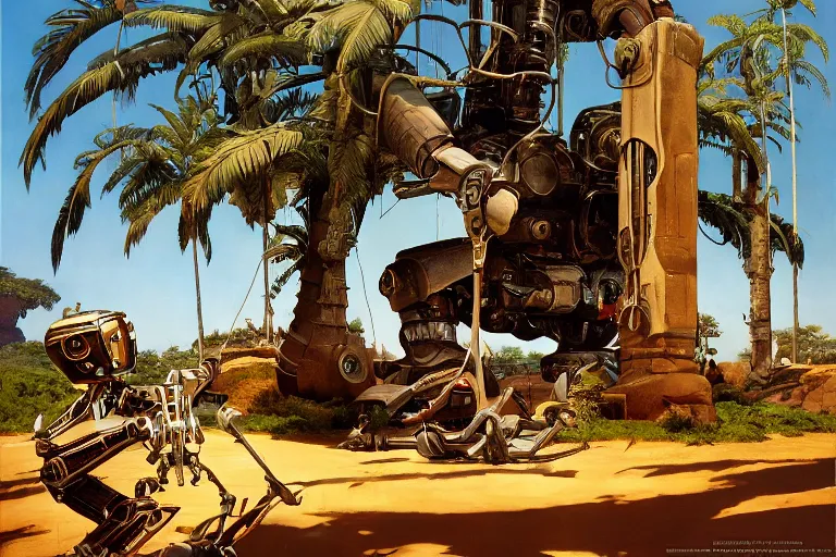 Prompt: natural american landscape | robot repairing another robot | palm trees, painting by syd mead and weta studio and james jean, frank frazetta, highly detailed, rule of third, soft lighting, 8 k resolution, oil on canvas, architectural magazine, beautiful detailed, insanely intricate details, artstation trending, hypermaximalistic, high details, cinematic