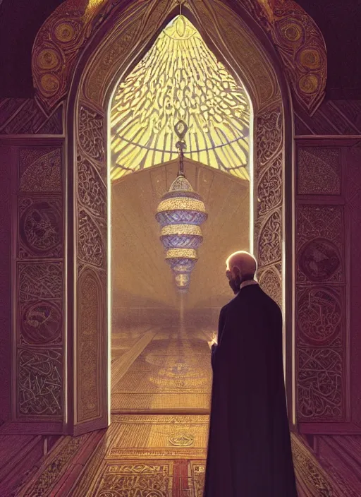 Prompt: grigori raspoutine praying in the mosque, intricate, elegant, highly detailed, my rendition, digital painting, artstation, concept art, smooth, sharp focus, illustration, art by artgerm and greg rutkowski and alphonse mucha and uang guangjian and gil elvgren and sachin teng,