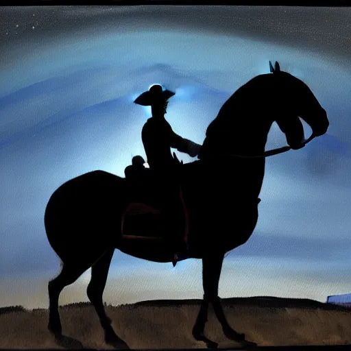 Image similar to a painting of a silhouette of a cowboy riding a horse into the dark horizon, high contrast, black and blue color scheme, dark, creepy, night, far away, in the distance