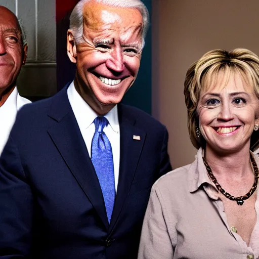 Image similar to joe biden as a junkie crackhead in a crack house with black eyes and crying hilary clinton and bill cosby as her pimp, hyperrealism photo - realistic photography volumetric lighting enchantingly beautiful photography