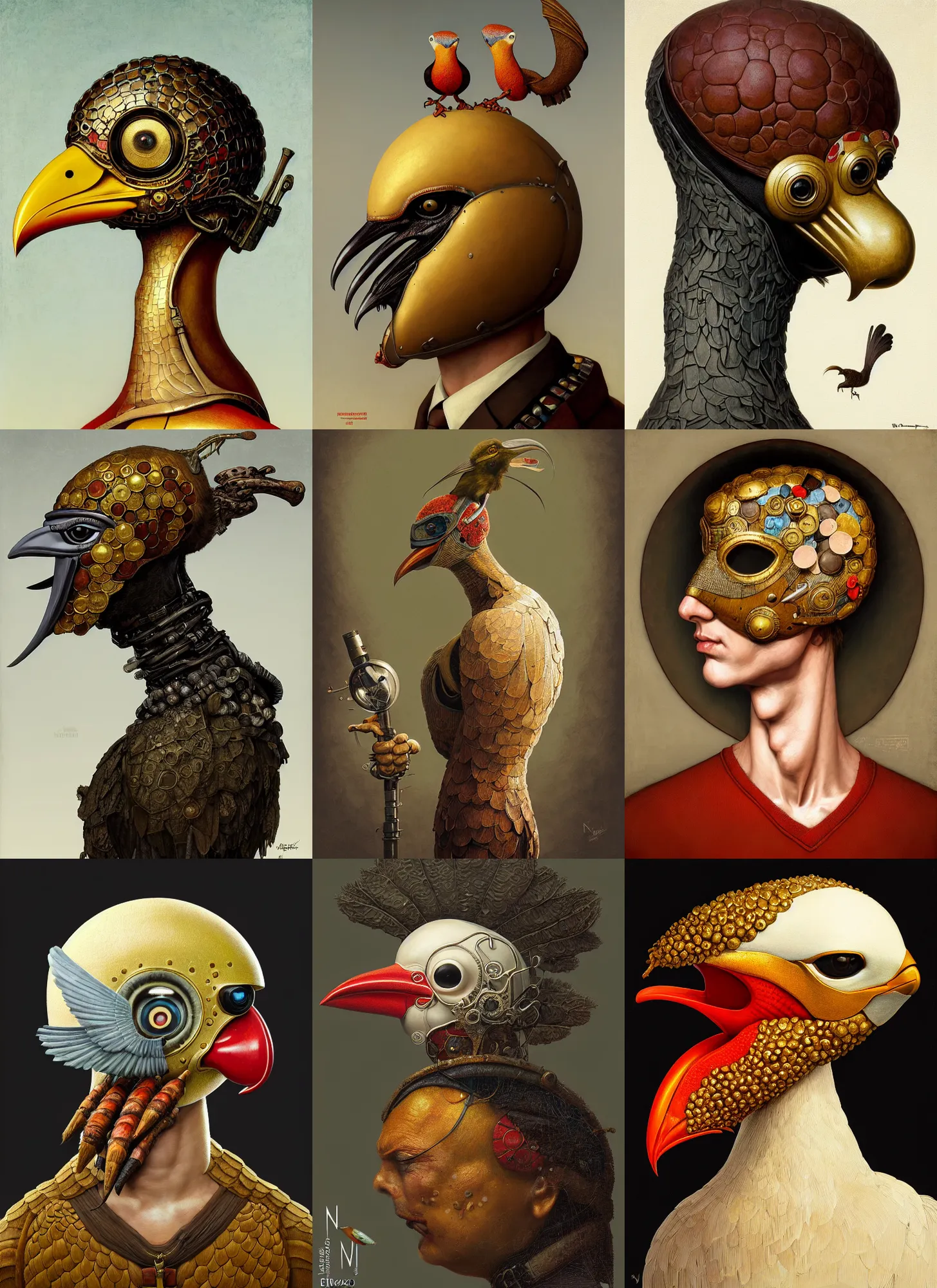 Image similar to rpg! profile! portrait of a fungus humanoid bird on white background, beak, plague mask, intricate, highly detailed, digital painting, artstation, concept art, smooth, sharp focus, illustration, art by norman rockwell emiliano ponzi andrey remnev yoann lossel john currin aaron jasinski ivan albright hsiao - ron cheng, 8 k