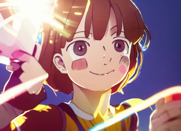 Image similar to closeup portrait of ochaco uraraka from my hero academia taking a selfie with her shoe collection, sunny, bright, reflections, intricate, sharp focus, lens flare, bloom, illustration, highly detailed, digital painting, concept art, matte, art by ruan jia and wlop and greg rutkowski, masterpiece