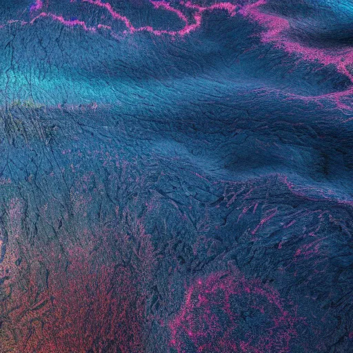 Image similar to An incredible matte photograph of an ailen landscape taken from a satellite looking straight down, Nikon D5 Sigma 50–500mm lens, ambient occlusion, volumetric lighting, rtx ray tracing, unreal engine, psychedelic colors, by Vadim Sadovski artstation, Lighting by Charly Vanlaere artstation