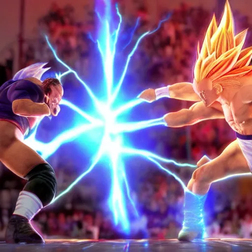 Prompt: Photo realistic live action Super Saiyan Frank Zappa vs Majin Bill Murray WWE takedown ray traced 8K anti-aliased highly detailed cinematic render award winning photography pay-per-view screen recording