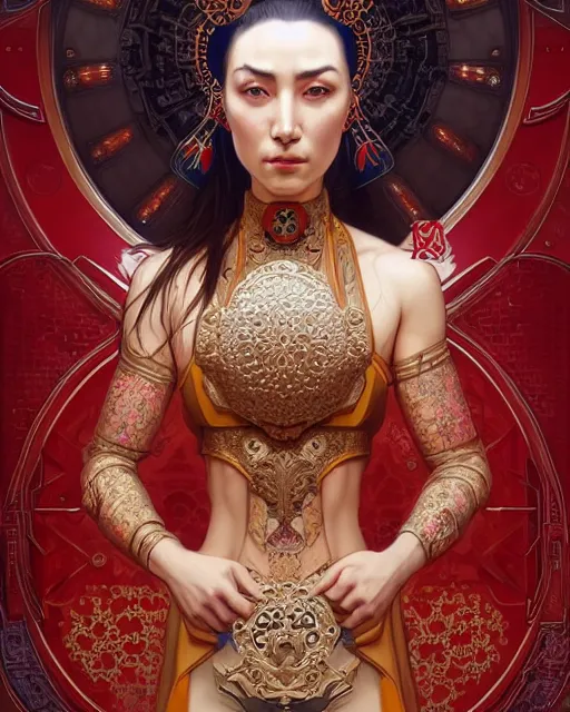 Image similar to portrait of a turkish masculine female cyberpunk machine, machine face, upper half portrait, decorated with ottoman opera motifs, muscular, asian, fine china, wuxia, traditional chinese art, intricate intense elegant, highly detailed symmetry headpiece digital painting artstation concept art smooth sharp focus illustration, art by artgerm and greg rutkowski alphonse mucha 8 k