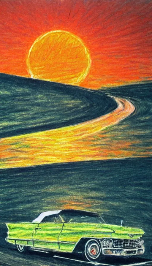 Prompt: 1 9 6 3 red cadillac convertible in the distance driving down empty highway into an orange sunrise, oil pastel, high detail, realistic, vintage, surreal