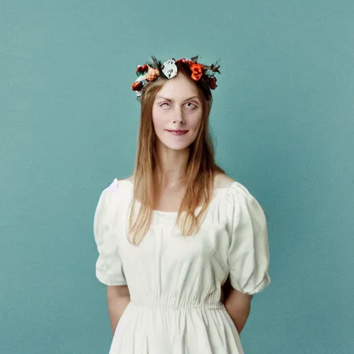 Prompt: a photograph of beautiful nordic woman wearing a white folkdrakt dress, she has a summer flower headband. against a teal studio backdrop. strong kodak portra 4 0 0 film look. film grain. cinematic. in - focus