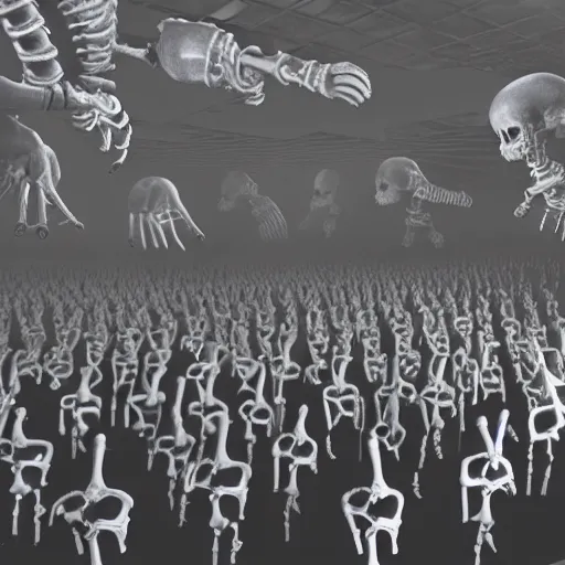 Image similar to photo, a giant crowd of silvery shiny refective black latex claymation skeletons by ray harryhausen dancing inside an underground ussr night club, edge lighting, ray traced lighting