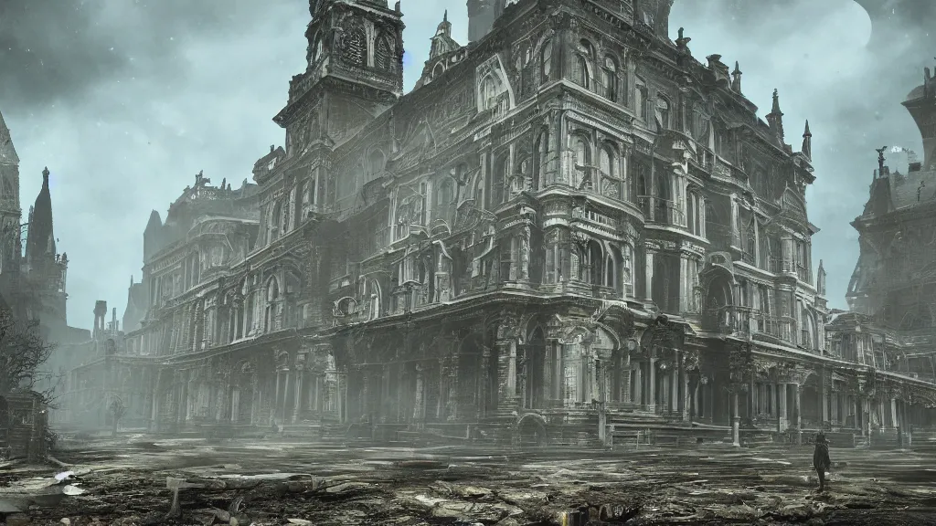 Image similar to victorian era architecture based city, abandoned, crawling with beasts, bloodborne, yarhnam