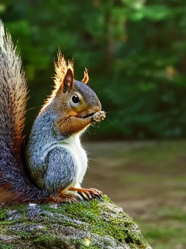 Image similar to a squirrel as king arthur, extremely plump, wearing crown of acorns and dandelions, servant squirrels, king arthur's court, game of thrones, sitting on throne, low angle, palace, fantasy art, cinematic lighting, realistic, sony 2 4 mm f 4. 0