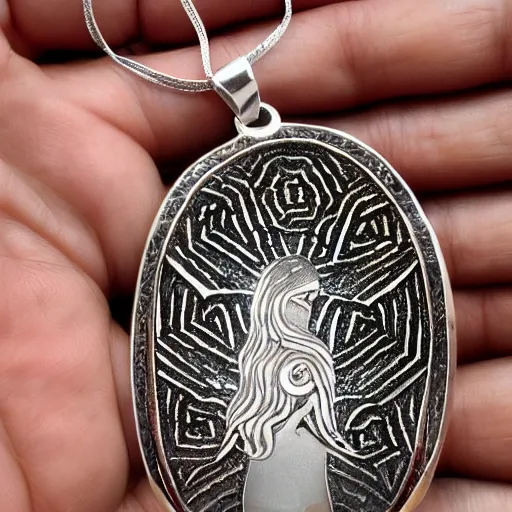 Image similar to amulet of wave inlaid in silver, on a young beautiful woman neck, realistic, clean,