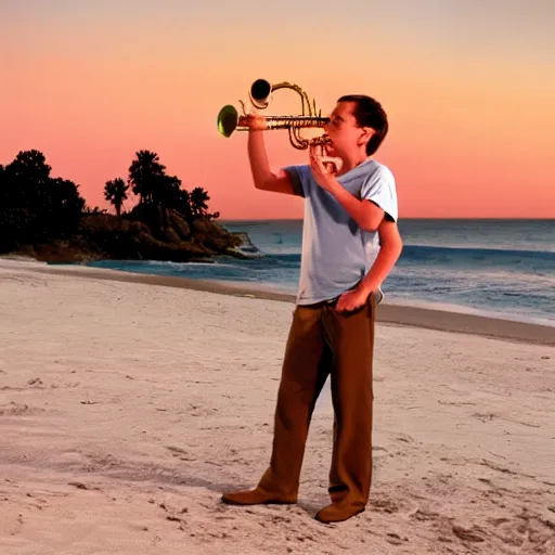 Prompt: Malcolm in the middle plays the saxophone on the beach at sunset