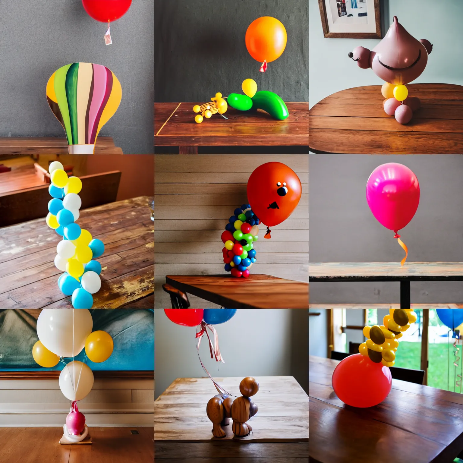 Prompt: a balloon animal on a wooden table