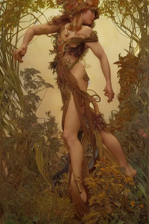 Prompt: natalie portman as queen of the jungle, running, full figure, painted by nekro, alphonse mucha, dark - fantasy, intricate detail, artstation, cgsociety, rococo, gold leaf art