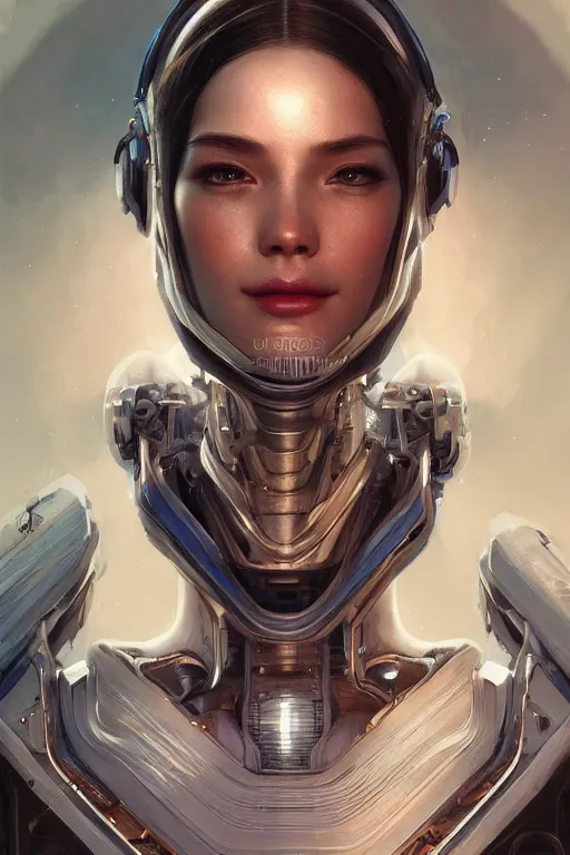 Prompt: Portrait of beautiful smiling Ultra realistic illustration, beautiful alluring female cyborg, cyberpunk, sci-fi, fantasy, intricate, elegant, highly detailed, digital painting, artstation, concept art, smooth, sharp focus, illustration, art by Yintion J , Jiang Geping and artgerm and greg rutkowski and alphonse mucha.