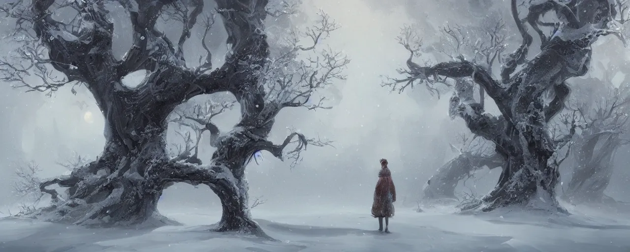 Image similar to a painting of a person standing in front of a tree in the snow, stunning intricate concept art by contest winner, cgsociety, fantasy art, matte painting, storybook illustration