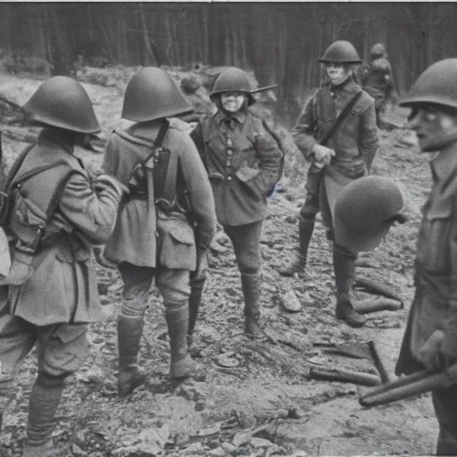 Image similar to stranger things , ww1 trench, war photo, film grain