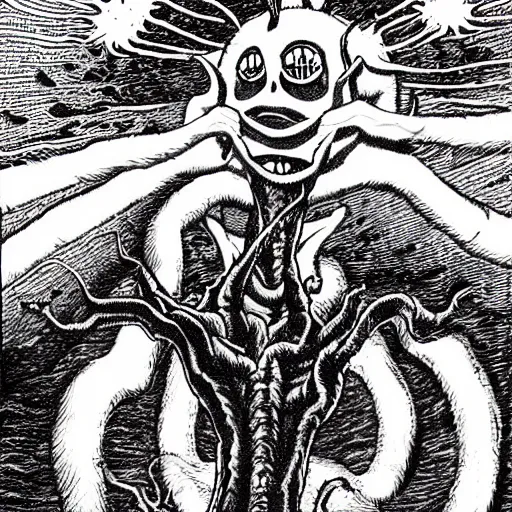 Image similar to Eldritch Horror eating the Sun, dark, horror, art by Junji Ito