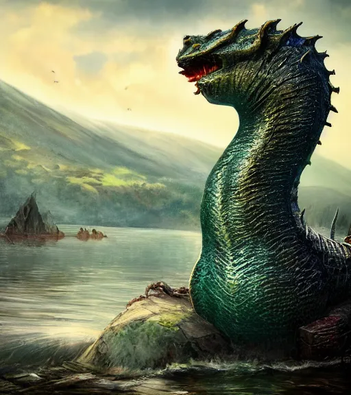 Prompt: an epic fantasy comic book style portrait painting of an extremely cute and adorable very beautiful nessie the loch ness monster, unreal 5, daz, hyperrealistic, octane render, cosplay, rpg portrait, dynamic lighting, intricate detail, summer vibrancy, cinematic