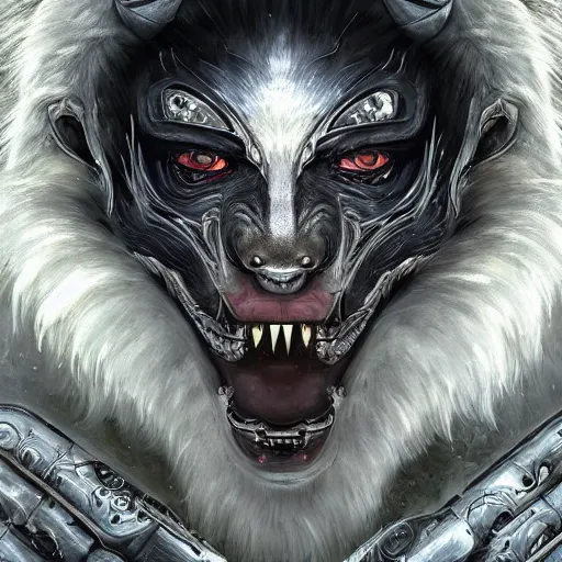 Image similar to portrait painting of a cybernetic werewolf warrior with white fur and silver fangs wearing black power armor, ultra realistic, concept art, intricate details, eerie, highly detailed, photorealistic, octane render, 8 k, unreal engine. art by artgerm and greg rutkowski and alphonse mucha