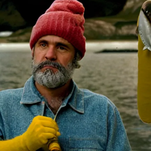 Prompt: photograph of steve zissou holding out a sardine for the loch ness monster, long shot