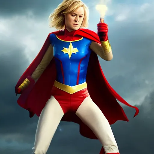 Image similar to Brie Larson as Power Girl, full body with costume, realistic, 4k