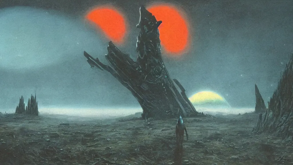 Prompt: eerie atmospheric alien planet with a landed organic rocketship by jack gaughan and bob eggleton and chris moore, epic cinematic matte painting