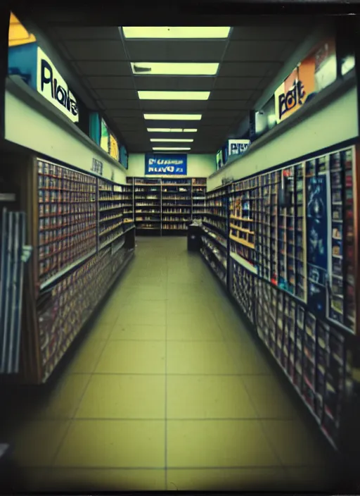 Image similar to polaroid photograph of the inside of an empty blockbuster store, liminal space, lonely, mannequins, black mold, cinematic, 3 5 mm, raw, unedited, 4 k, hd, the fifth element