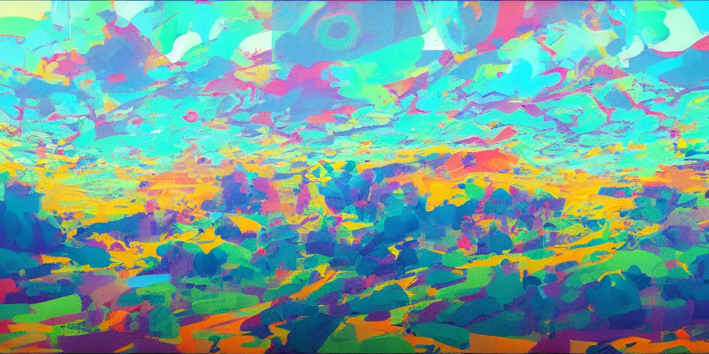 Prompt: partly abstract landscape painting at noon by james jean and David Schnell painted in no mans sky style