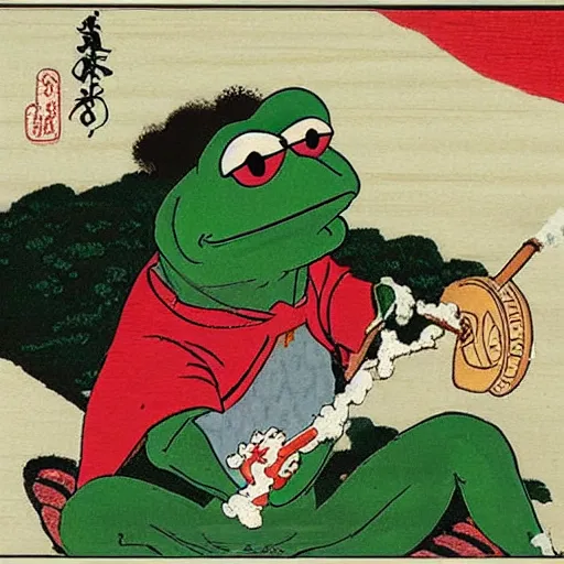 Prompt: A beautiful ukiyo-e painting of Bob Ross blessing Kermit the frog