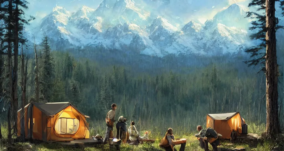 Image similar to cabela's beautiful comfortable carbon framed, modular insulated wall portable container home kit - house all weather family dwelling tent house, person in foreground, mountainous forested wilderness open fields, beautiful views, painterly concept art, environmental concept art, concept art illustration, by james gurney, by craig mullins, by greg rutkowski trending on artstation